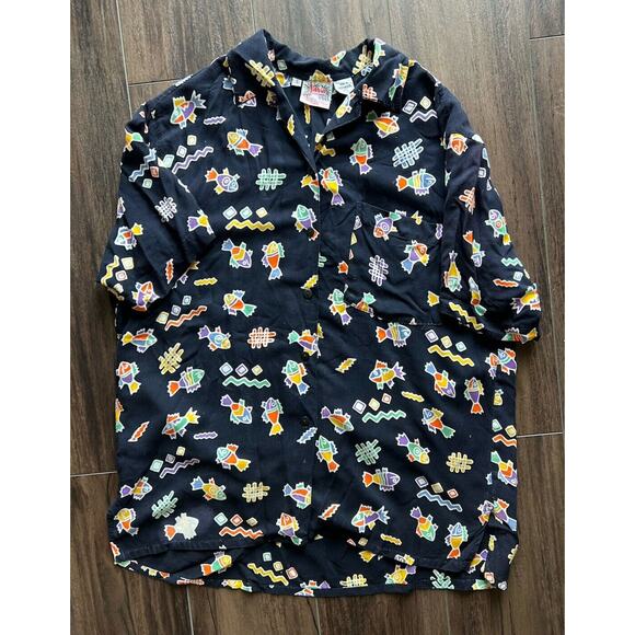 Men’s Java Wraps Dark Navy Fish 80s Print Dark Navy Button Up Shirt Rayon S - Picture 6 of 7